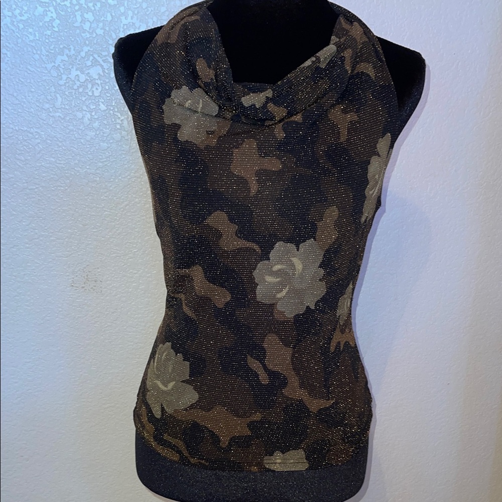 A. Byer Metallic Floral Cowl Neck Sweater - Brown & Gold